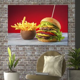 Картина для кухні кафе бару М'ясний бургер та картопля фрі 51x34 см (1541-1)