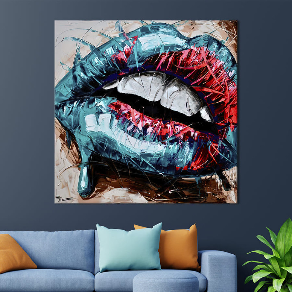 Картина в офіс Поп-арт спокусливі губи в синій помаді 50х50 см (1art_32)