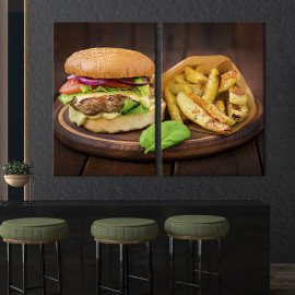 Диптих Картина для кухні кафе бару Смажені часточки картоплі та м'ясний бургер 71x51 см (1542-2)