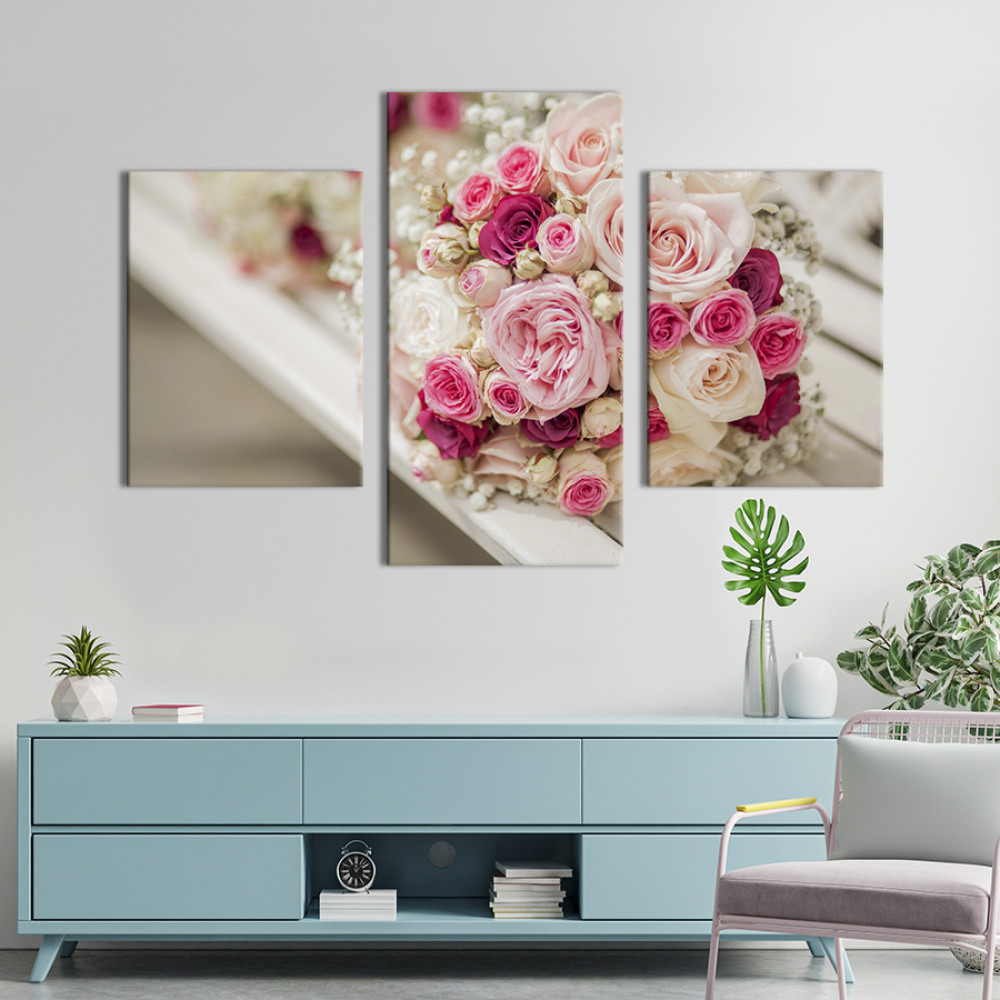 Картина триптих весільний букет троянд 141x90 см (1012-32)