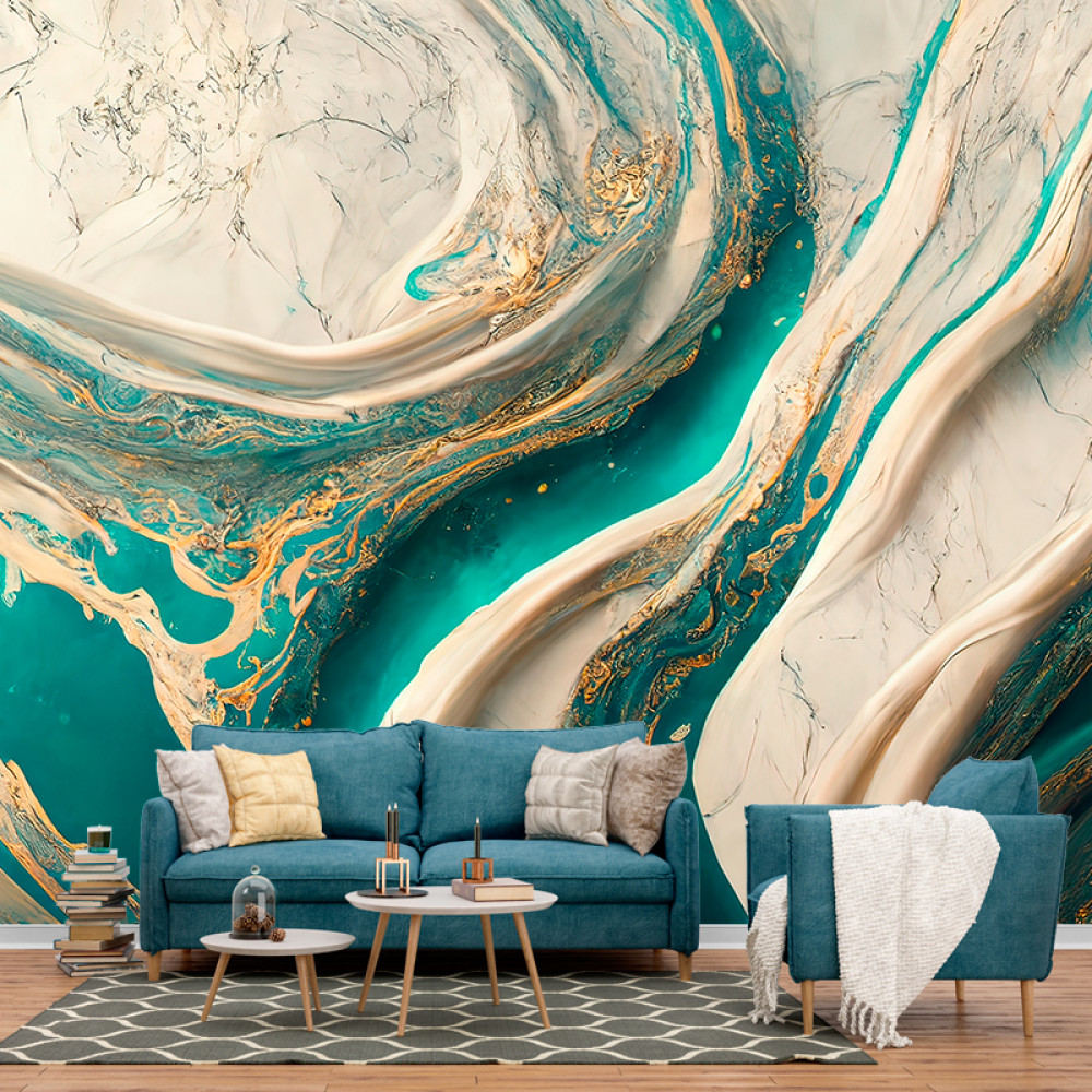 Фотошпалери флізелінові Біле і блакитне рідке мармурове тло із золотою фарбою (WP487)