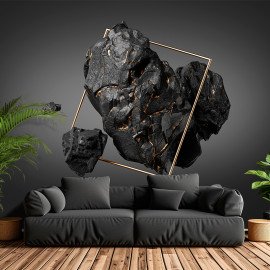 Фотошпалери флізелінові Чорне каміння із золотими лініями в 3D рамці на сірому тлі (WP176)