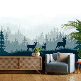 Фотошпалери флізелінові Силует сімейства оленів на тлі хвойного лісу (WP106)