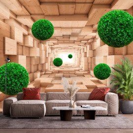 Фотошпалери флізелінові Золоті кулі в 3D коридорі з коричневих блоків (WP165)