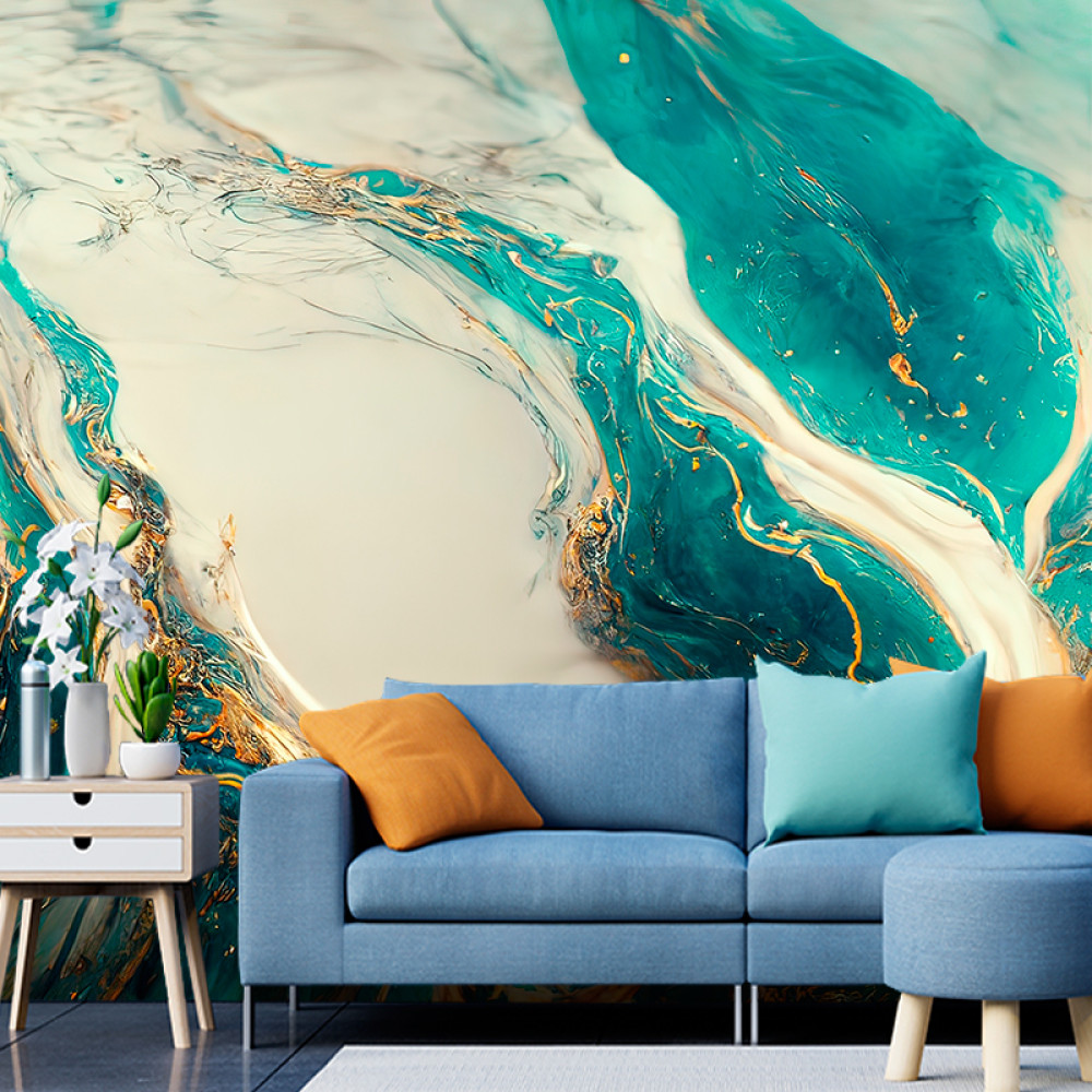 Фотошпалери флізелінові Біло-блакитний рідкий фон з абстрактною золотою фарбою (WP497)
