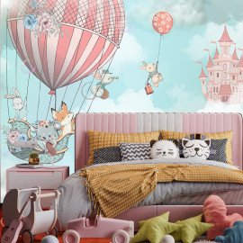 Фотошпалери флізелінові Казкові звірята та чарівний замок на блакитному тлі (WP628)
