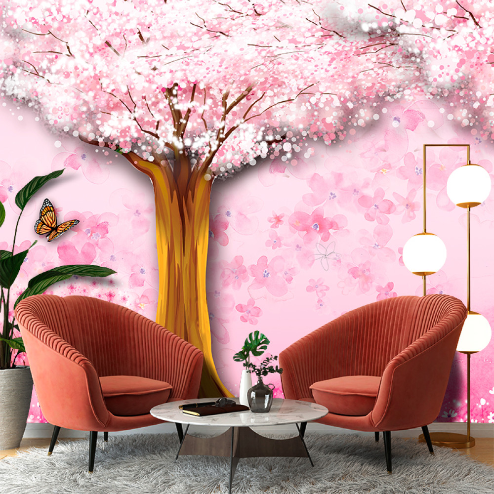 Фотошпалери флізелінові Рожеве дерево на квітковому тлі (WP143)