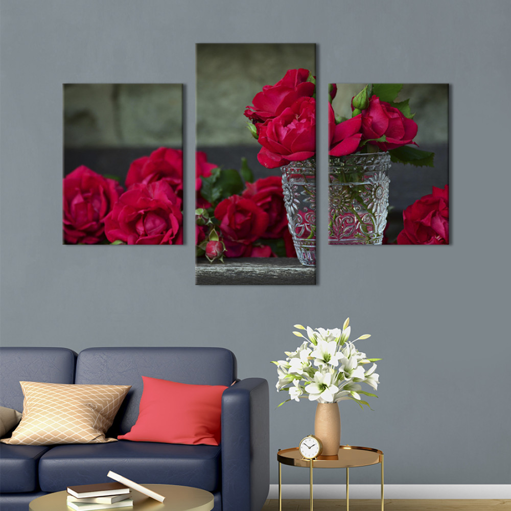 Картина триптих Червоні троянди та кришталева ваза 141x90 см (984-32)