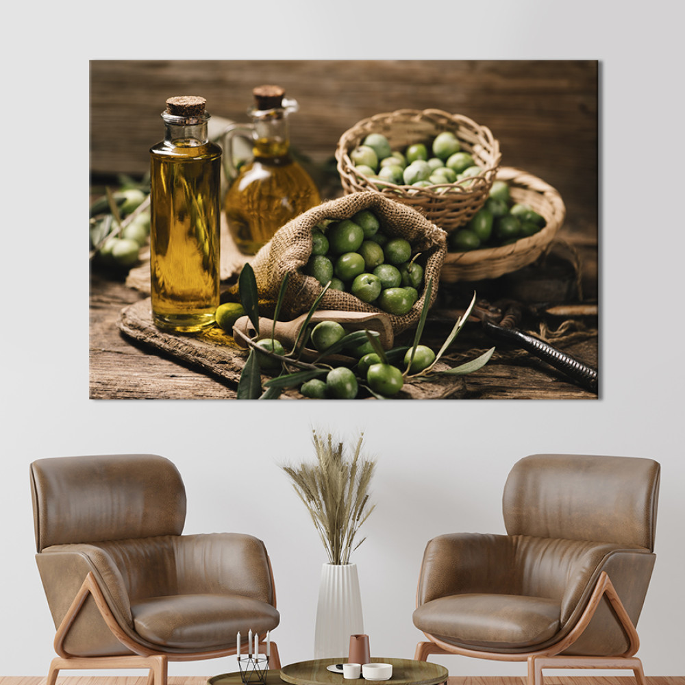 Картина для кухні кафе бару Зелені зібрані оливки 51x34 см (1607-1)