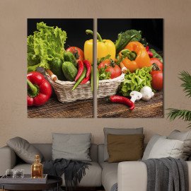 Диптих Картина для кухні кафе бару Плетена корзинка з овочами на дерев'яній поверхні 111x81 см (1563-2)
