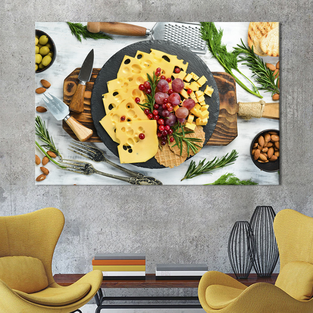 Картина для кухні кафе бару Чорна тарілка з сирною закускою 51x34 см (1601-1)