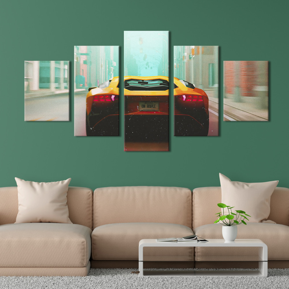 Картина Жовта Lamborghini на вулиці міста 112x54 см (1342-52)