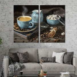 Диптих Картина напої картина для кухні кафе бару Кориця та кавові зерна на дерев'яному столі з чашкою кави 71x51 см (1618-2)